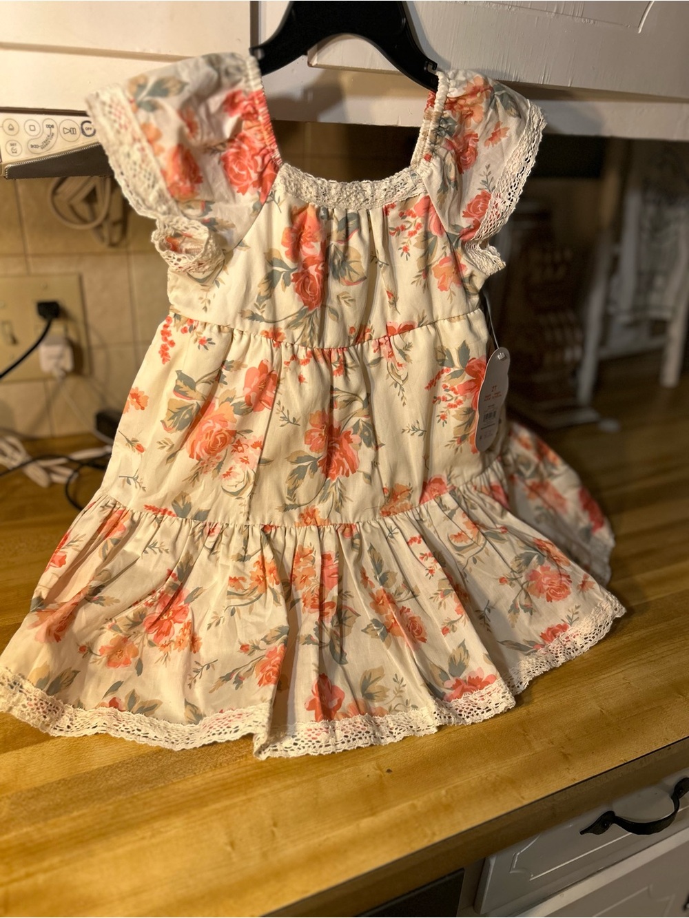 wonder nation Cream Floral Tiered Dress with Coral Roses